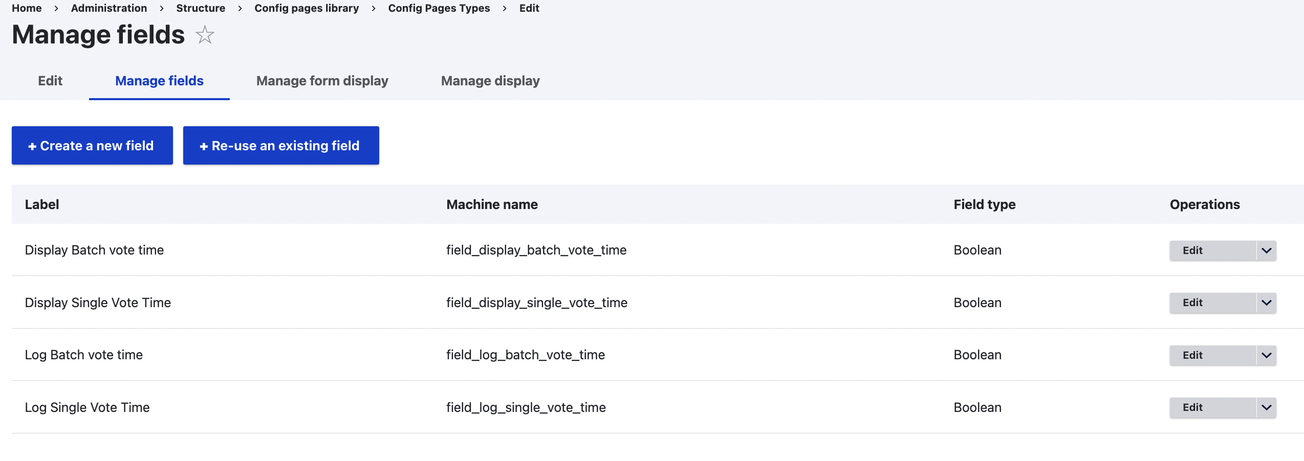 Fields defined for a config in Config Pages