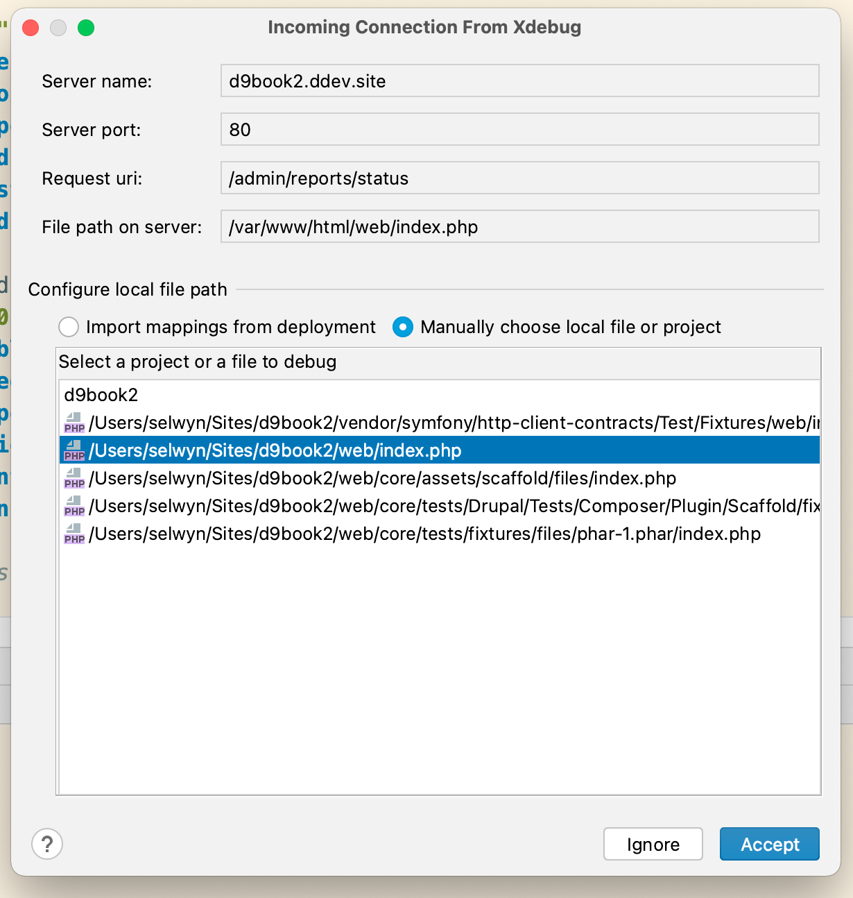 PhpStorm incoming connection dialog